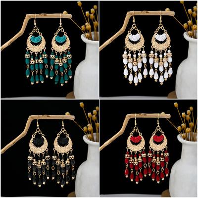Ethnic Fengshui Drop Earrings Bohemian Style Rice Beads Tassel Long Earrings Crescent Earrings