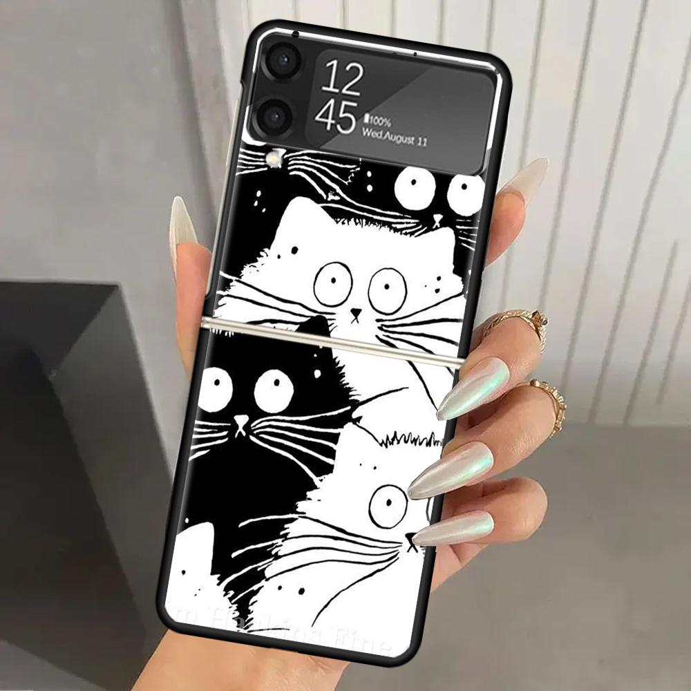 Cat Cute Kitten Cartoon Hard PC Phone Case For Samsung Galaxy Z Flip 7 6 5 4 3 Black ZFlip7 ZFlip6 Flip5 Flip4 Flip3 5G Print Co