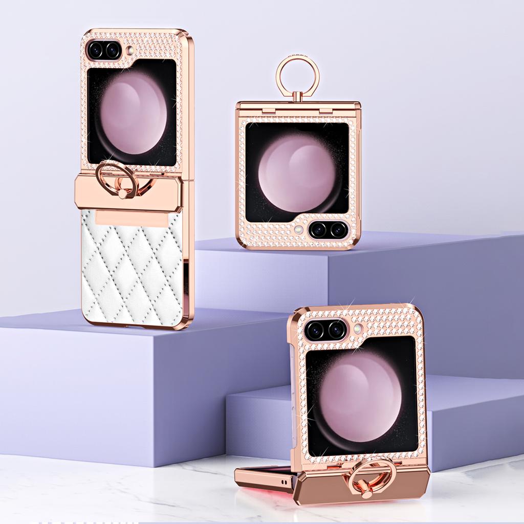 For Samsung Galaxy Z Flip5 5G Imprinted PU+PC Phone Case Rhinestone Decorated Ring Kickstand Phone Cover