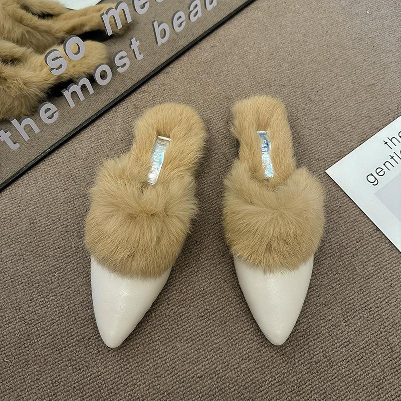 Pointed hair mop 2025 autumn and winter versatile fashion bag head half slippers women's new thousand bird grid outer wear flat bottom non-slip