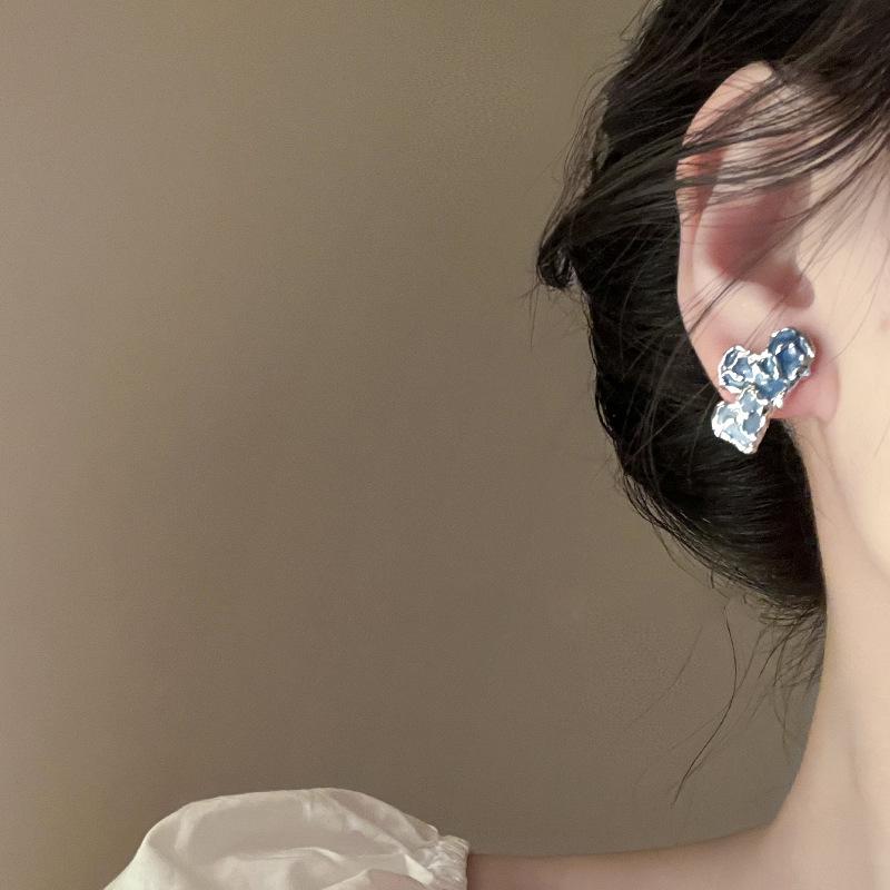 Silver Needle Butterfly Heart Earrings with Blue Gradient Drip - Elegant Autumn/Winter Studs