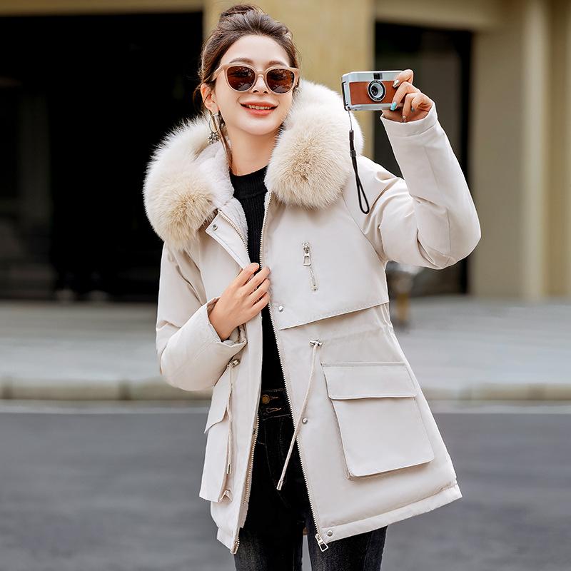 European station big fur collar down cotton clothes women's winter waist thin thickened color matching tooling pie overcome coat