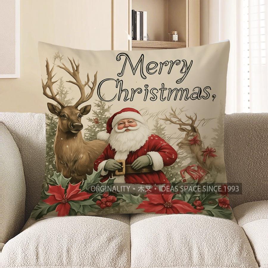 Home Decor Merry Christmas Santa &amp; Deer Decorative Pillow Pattern Cushion Cover Suitable For Sofa Bedroom Car Pillow Cover