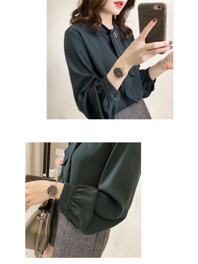 Women's Plus Size Autumn Lantern Sleeve Chiffon Shirt - Solid Color, Loose Fit, Long Sleeve, Korean Style