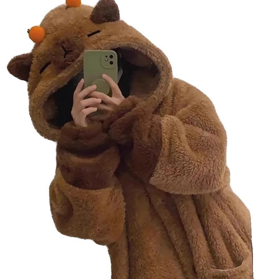Women's Brown Bear Winter Pajama Set: Coral Fleece, Thick Flannel Nightgown & Bathrobe.