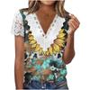 V Neck Lace Short Sleeve Print Ladies Top Summer Fashion Casual V Neck Print Short Sleeve Lace Sleeve T-Shirt Top