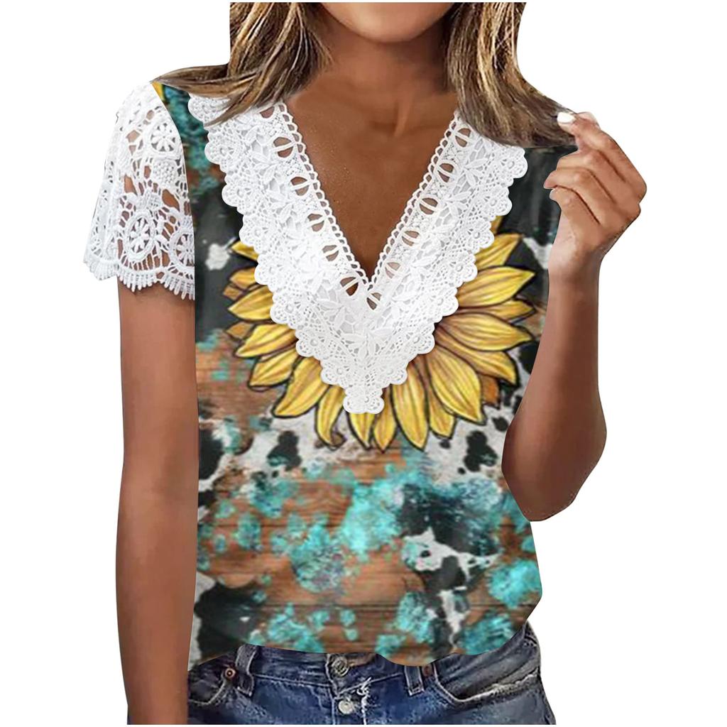 V Neck Lace Short Sleeve Print Ladies Top Summer Fashion Casual V Neck Print Short Sleeve Lace Sleeve T-Shirt Top