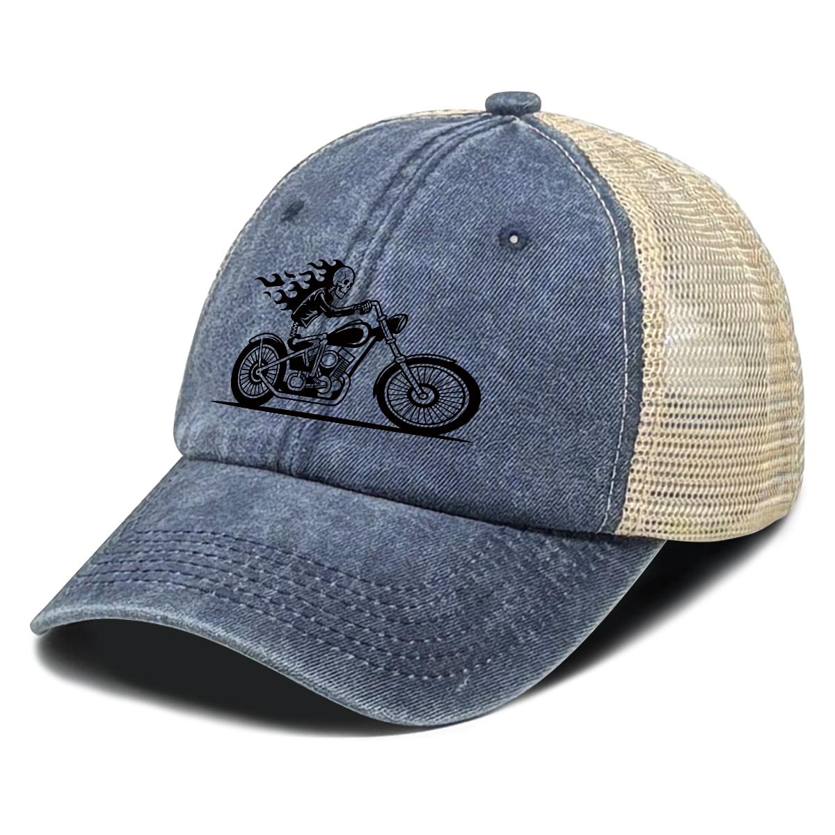 Hiphop Baseball Cap Skull Motorcycle Printed Baseball Hat Adjustable Stylish Multicolor Mesh Cap For Unisex Women Cycling Fishing