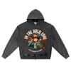 DTG Print Knitted Denim Zip-Up Hoodie Japanese Anime In the Wild Zone Brother Print Zipper Hoodies  