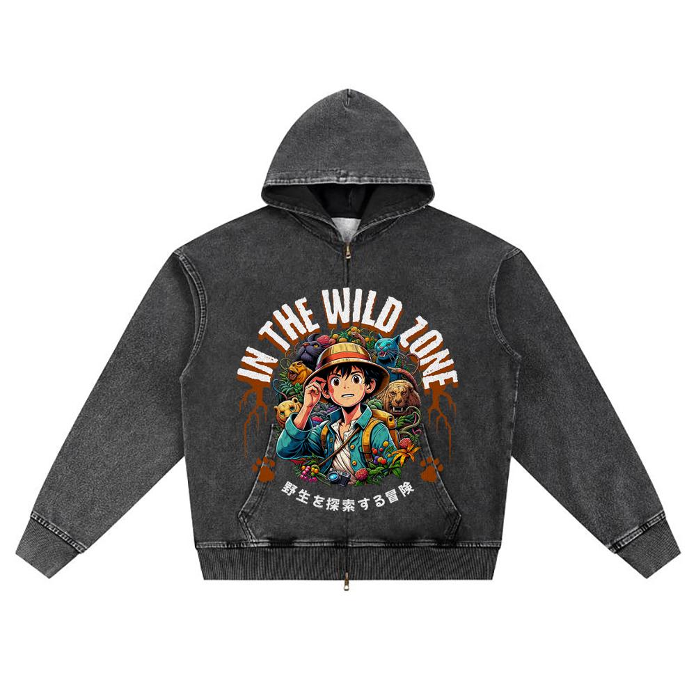 DTG Print Knitted Denim Zip-Up Hoodie Japanese Anime In the Wild Zone Brother Print Zipper Hoodies