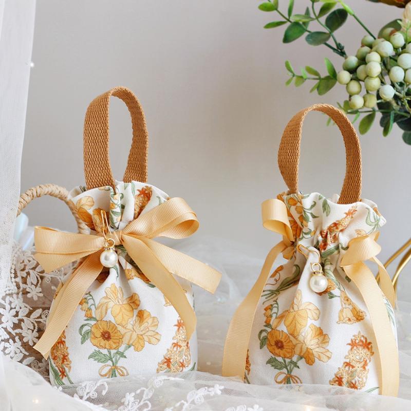 Small Floral Canvas Drawstring Bag Small Bowknot Jewelry Pouch With Pearl Chain Wedding Candy Packaging Bag