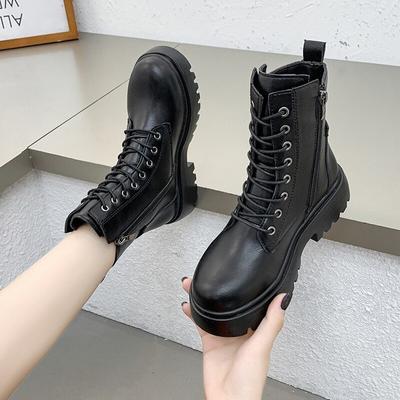 Nowe czarne buty bojowe na platformie dla kobiet sznurowane paskiem z klamrą damskie buty zimowe motocyklowe buty dla kobiet