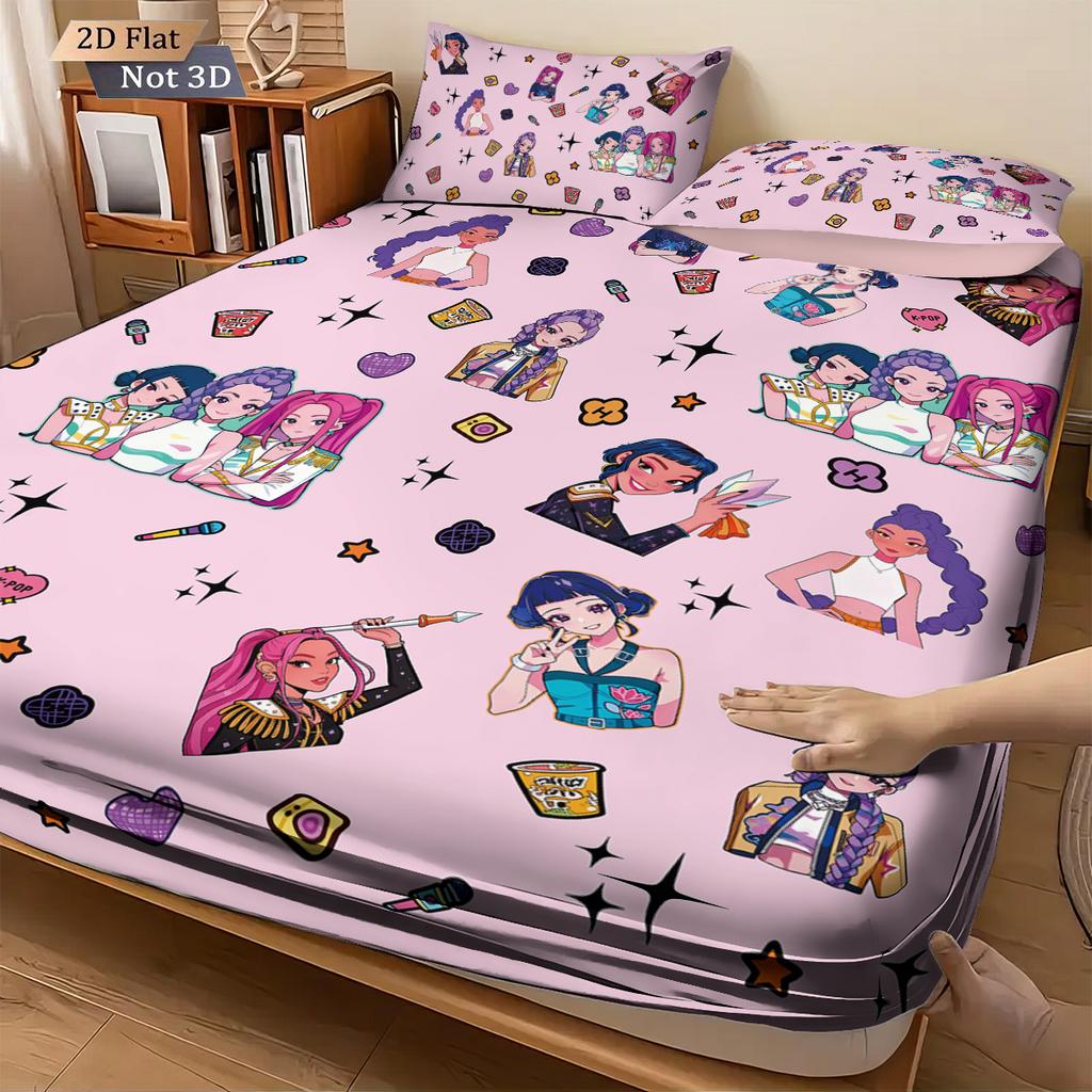 3-teiliges K-Pop Dämonenjäger Druck Spannbettlaken-Set Mehrere Größen Schlafzimmer Wohnheim Bettdecke Dekoration Maschinenwaschbar