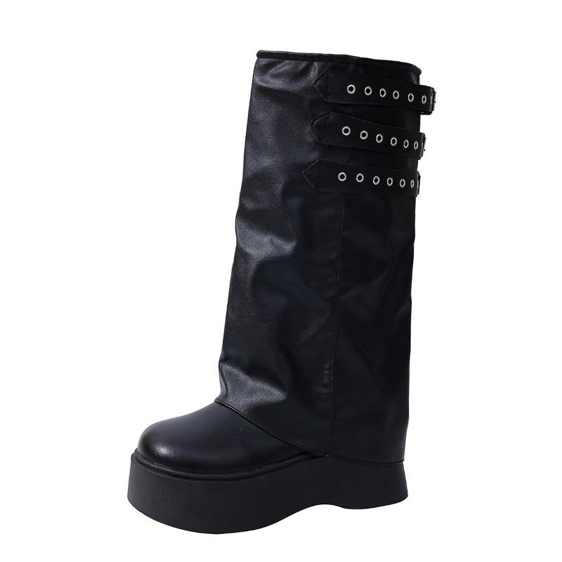 Lange Stiefel Damen neue Herbst Muffin dicksohlige plissierte geraffte Stiefel schwarz retro hohe Hose Ritterstiefel