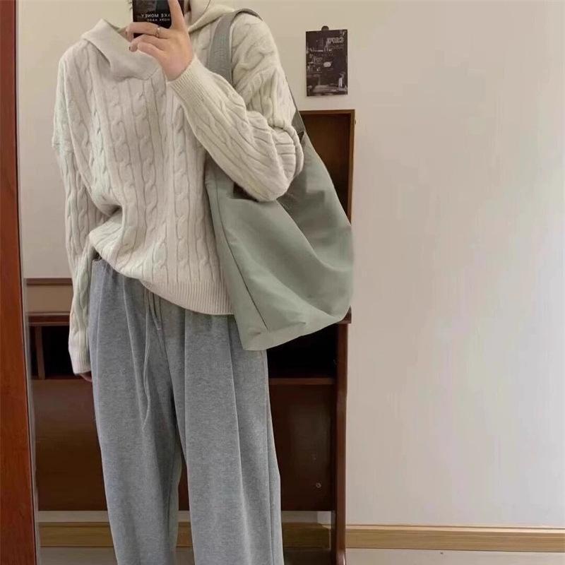 Herbst und Winter Retro Mode Freizeit Unifarben Zopf Pullover Kapuzenpullover Damen Locker Fauler Stil Weich Wachsig Einfach