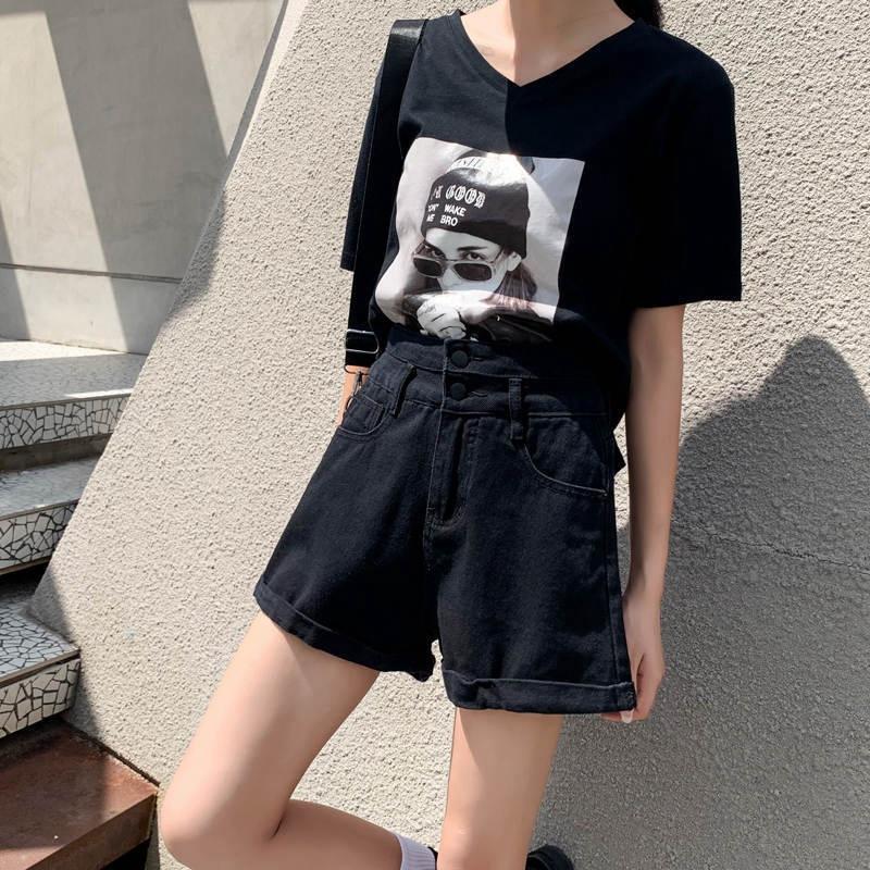 Comfortable Skinny Fashionable and Versatile Shorts Female Summer Thin Section A Word Pants Loose Super High Waist Black Jeans Rolled Wide Leg Pants