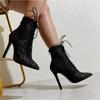 New Black Mature Mesh Women Boots High Heel Pumps Floral Lace-Up Thin High Heels Ankle Pointed Toed Party Wedding Shoes