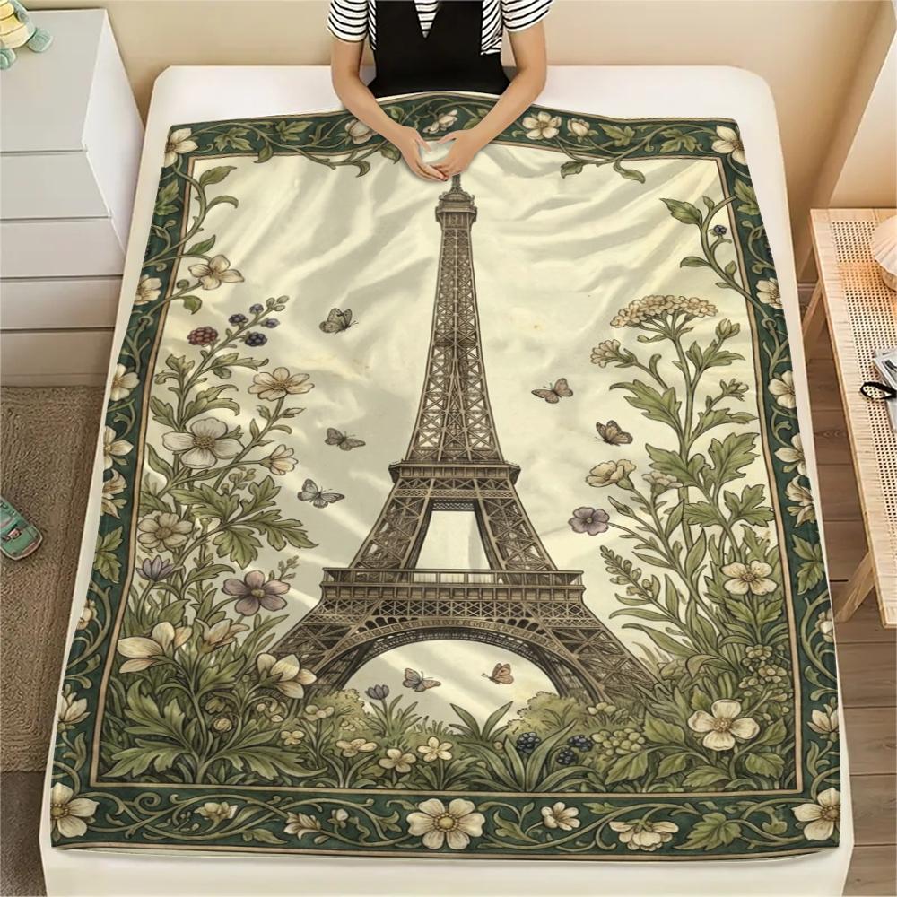 Paris Eiffel Tower Print Flannel Blanket, High Quality Comfortable for All Seasons, Home Decor, Warmth and Comfort, Perfect for Christmas Gifts95
