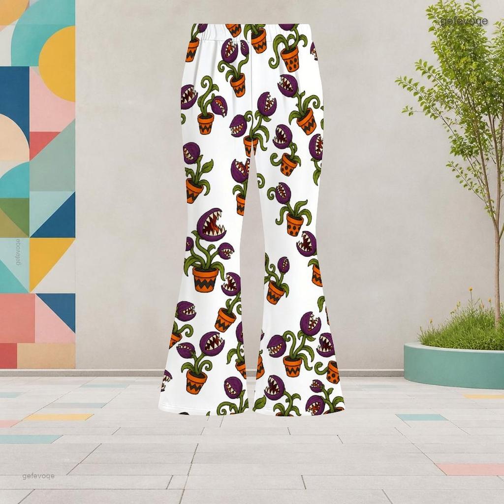 Girls Cartoon Potted Carnivorous Plant Print White High Waist Flare Pants