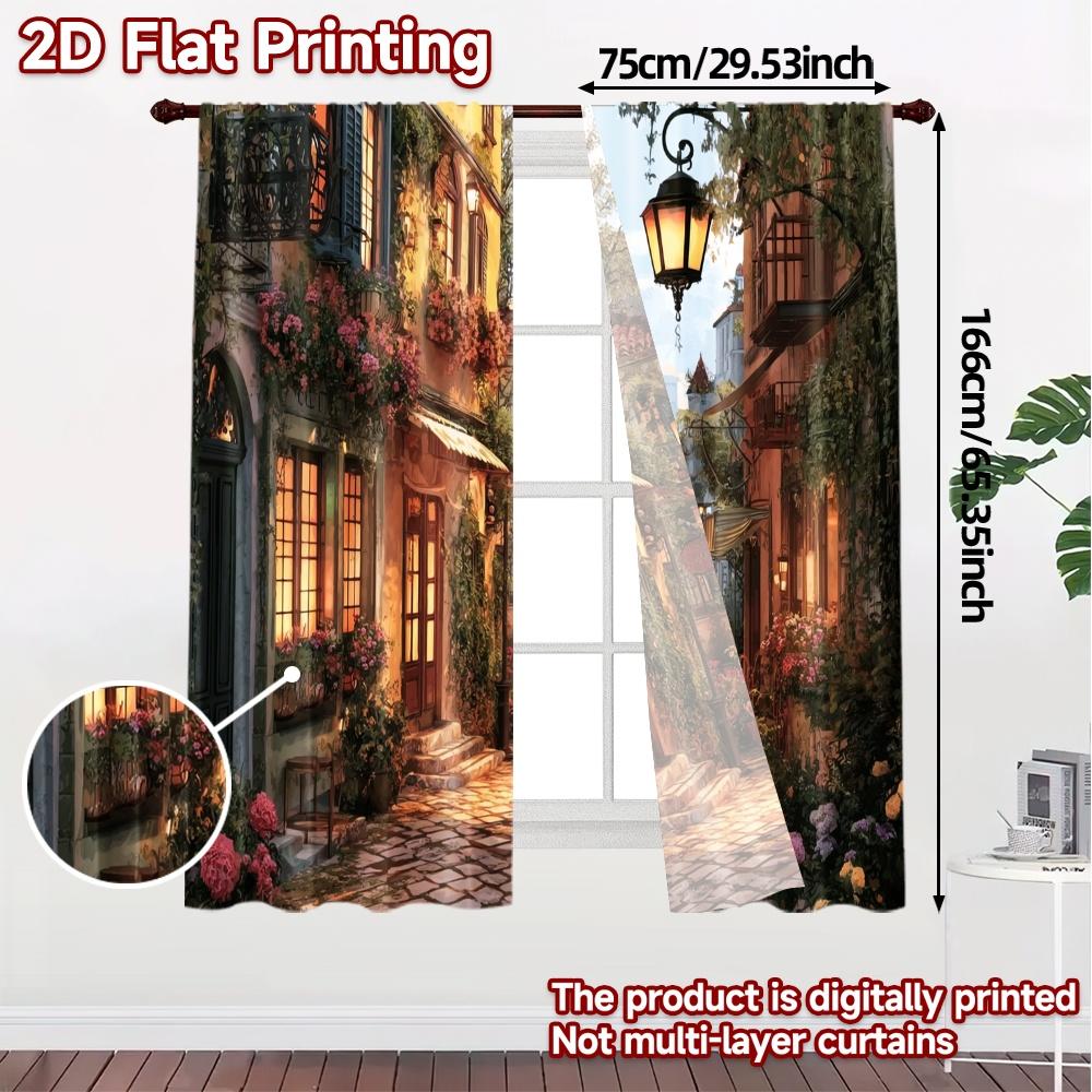 2pcs, 2D FLAT PRINTING Curtains (Without Rod) Cozy Street Fashionable Modern Curtains Yarn Curtains Holiday Ldeal for digital