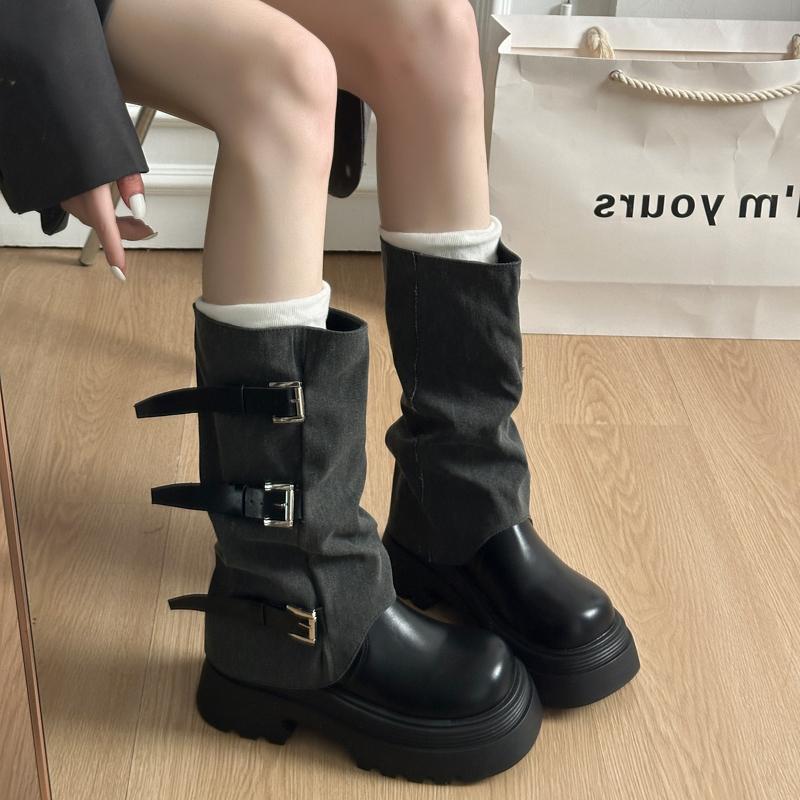 Fashion Winter Fashion Platform Heels Women Knight Boots Fashion Belt Buckle Slip On Shoes Ladies Elegant Mid Calf Booties