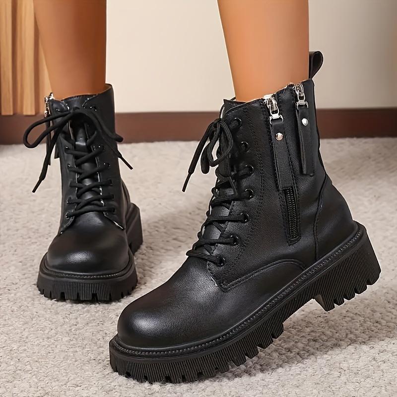 Mid Heel Platform Ankle Booties Women's Casual Ankle Booties Platform Lace-Up Boots  Winter Round Toe Comfort Shoes