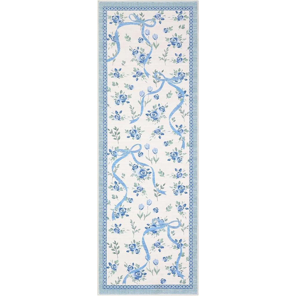 Corridor Carpet Runner Rug Machine Washable Non-slip Floor Mat Green Carpets Floral Ribbon Design Spring Home Decor Rugs