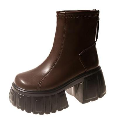 Fashion 8CM Women Chunky Ankle Boots New Autumn Leather Sneakers Winter Waterproof Motorcycle Boots Slip On High Platform Mid-calf Boots