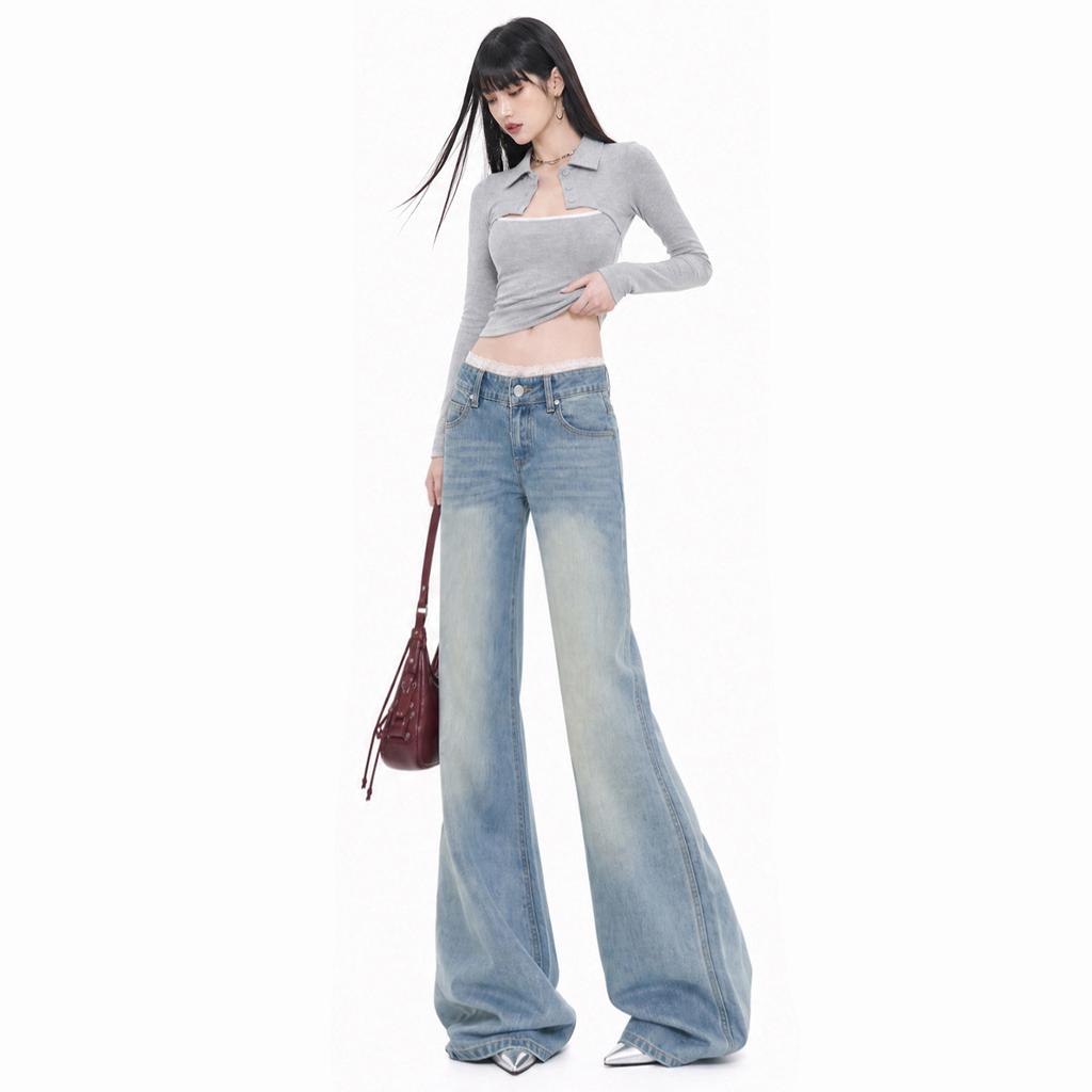 American Retro Low-rise Micro-pull Jeans Women's Loose and Thin Elastic Versatile Floor-mopping Flared Pants