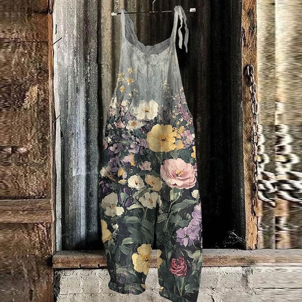 Women's Jumpsuit Floral Print Casual Loose Vintage Shoulder Strap Cotton Linen
