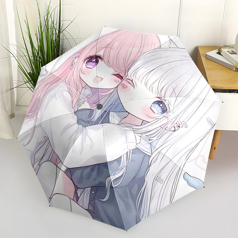 

1pc Pink Hair Girl & White Hair Girl: Automatic Opening/Closing Outdoor Umbrella with 3-Fold Design, Iron Frame for Outdoor Use - Perfect Gift fo
