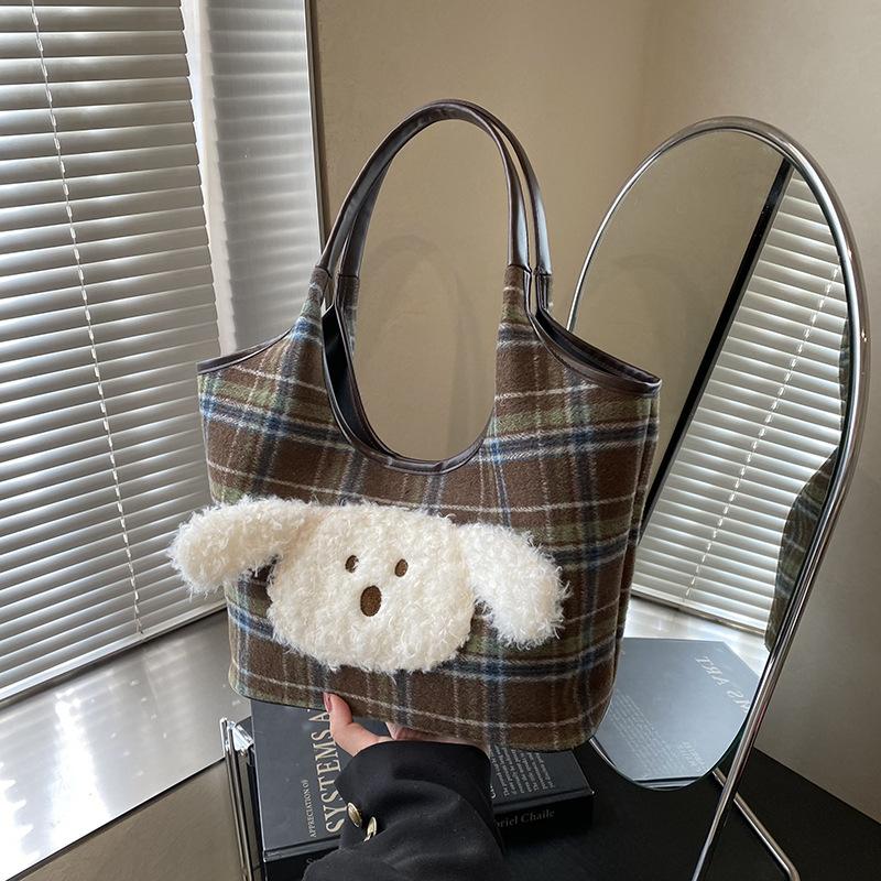 

Шерстяная клетчатая большая сумка женская новая модная пушистая сумка-тоут с щенком осень-зима通勤ная сумка-подмышка зелёный