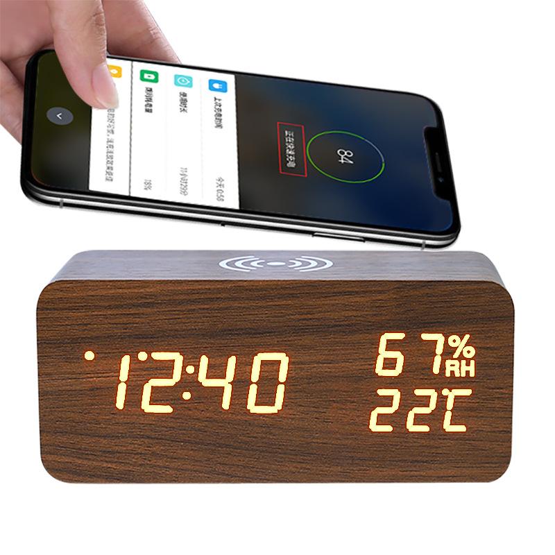 Electronic Wireless Charging Wood Clock Mobile Phone Wireless Fast Charging Electronic Digital Alarm Clock Multi Function Perpetual Calendar