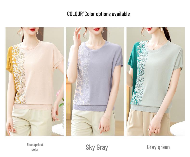 Mid-Age Women's Color Block Ice Silk Batwing Sleeve Loose Knit Top