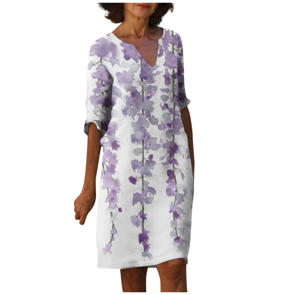 Damen Sommer Vintage Blumendruck V-Ausschnitt Halbarm Kleid Leichtes atmungsaktives Kleid