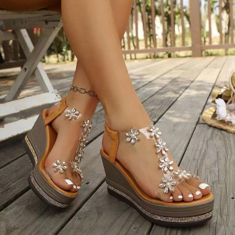 

Platform sandals women s summer new large size fashion wedge heel flower rhinestone fairy seaside beach shoes 43