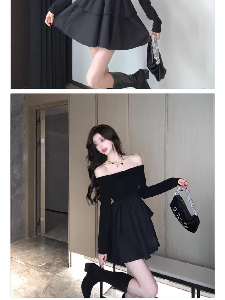 Francouzské černé šaty s odhalenými rameny, dlouhým rukávem a áčkovou sukní na jaro a podzim - Sladký a pikantní design s úzkým pasem, který zvýrazňuje postavu