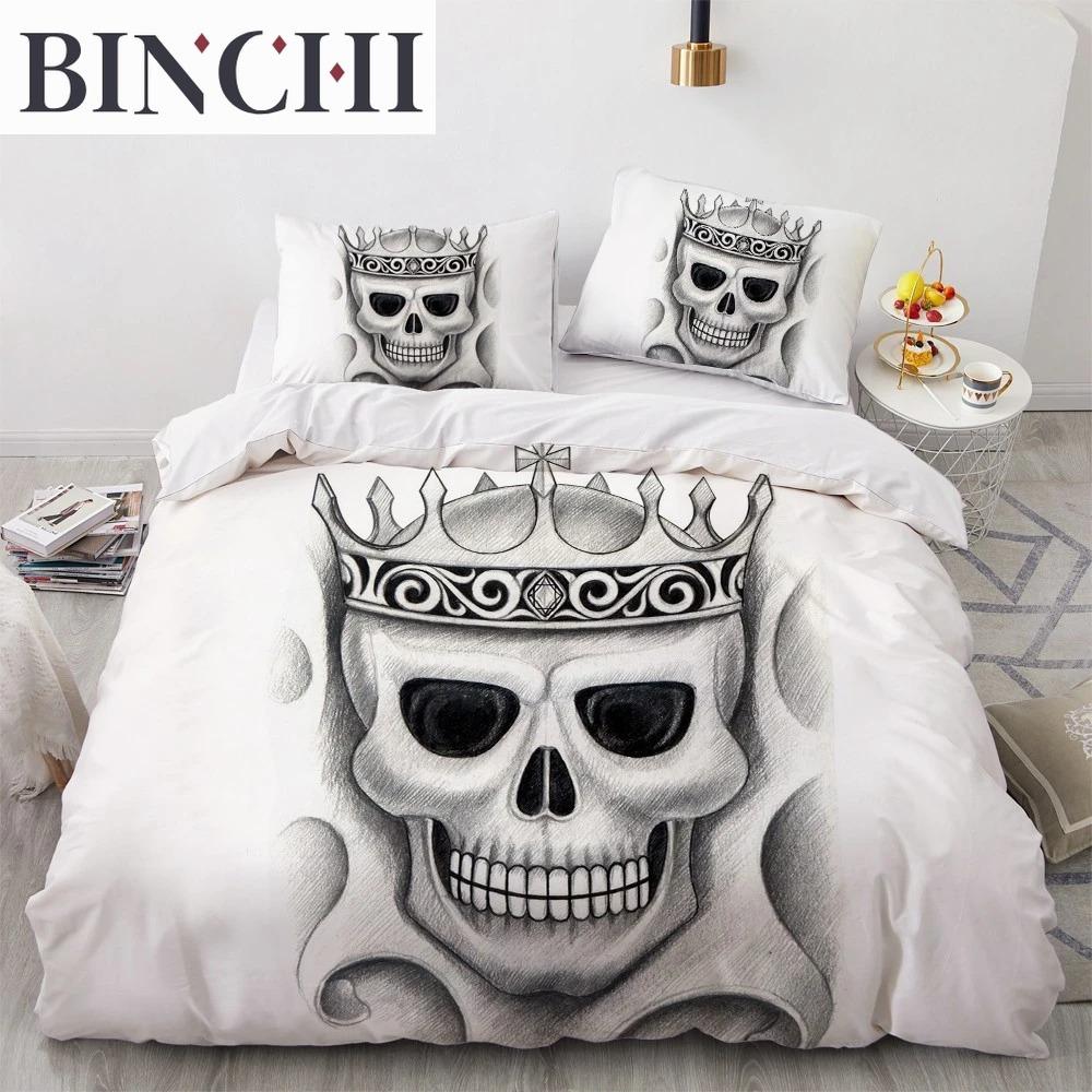 Skull Couple King Queen Duvet Cover Skeleton Bride Bedding Set Halloween White 23pcs Soft Quilt Cover for Kids Teens Adults