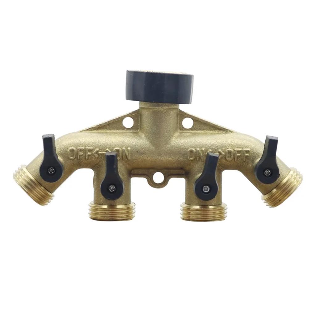 Brass EU/US 3/4" Female/Male Thread 4-Way Water Splitter With Valve Garden Irrigation Multi-Way Joint Tap Pipe Nipple Connector