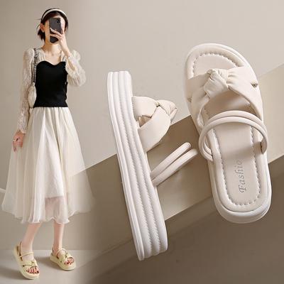 Fairy Wind Wears Cool Slippers Outside the Word Female Summer New Korean Version Bow Casual Platform Two Wear Sandals