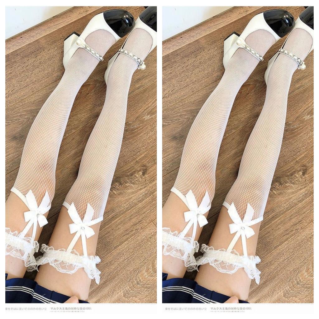 JK Lolita Womens Medium Stockings Japanese Lace Bow Suspenders Knee Mesh With Drill Black Wire High Stockings