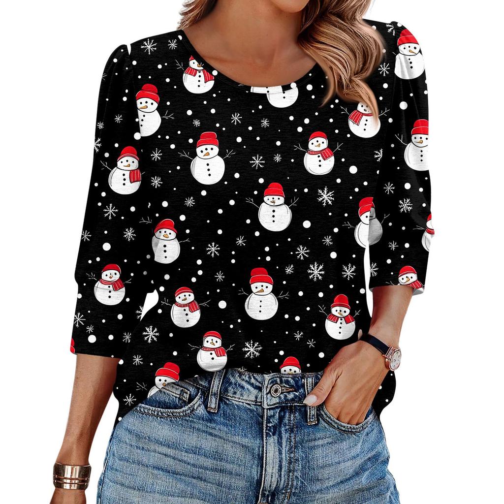 Women's Fashion Casual 3/4 Christmas Print Color Shirt Women's Round Neck Tops