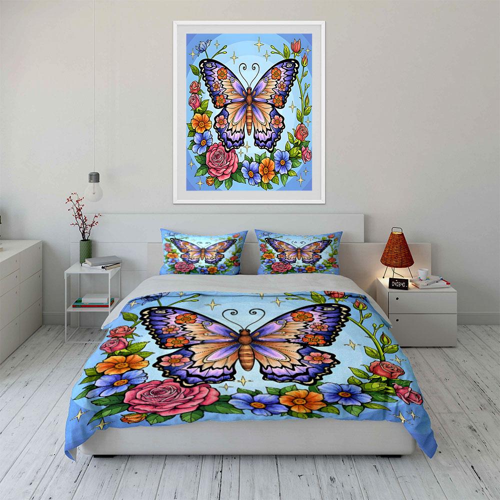 Butterfly and Floral Blossom Bedding Duvet Cover Set (1*Duvet Cover 2*Pillowcases, without duvet insert)