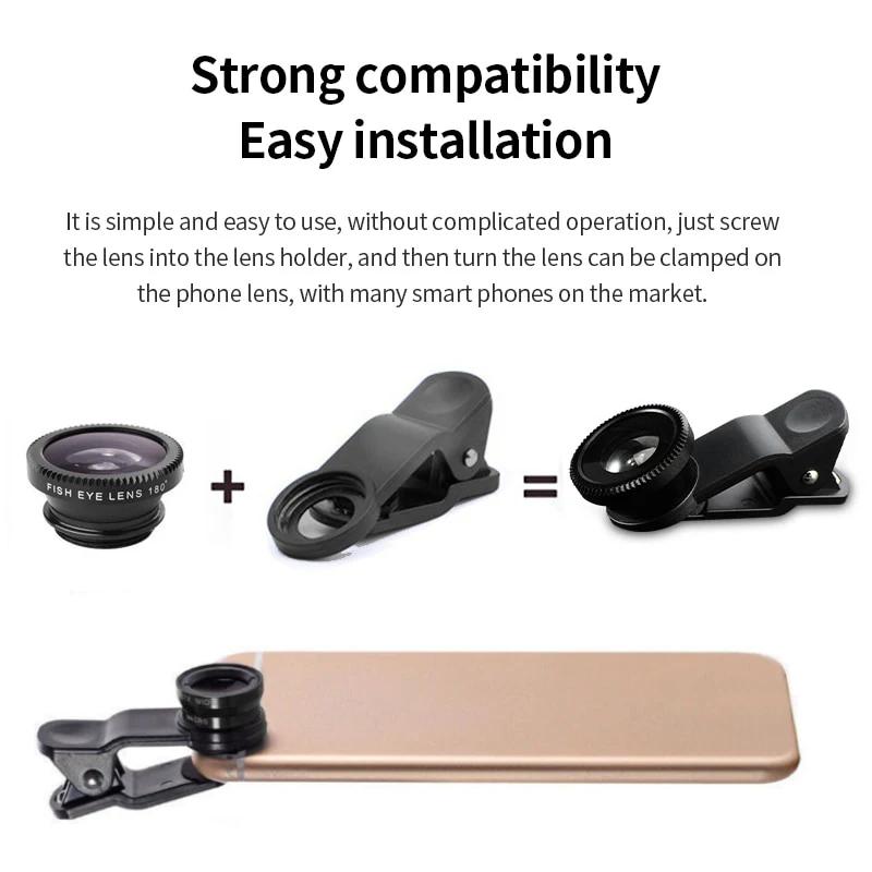 3in1 Fisheye Wide Angle Micro Camera Lens for iPhone Xiaomi Redmi 3in1 Zoom Fish Eye Len On Smartphone Lenses with Phone Clip