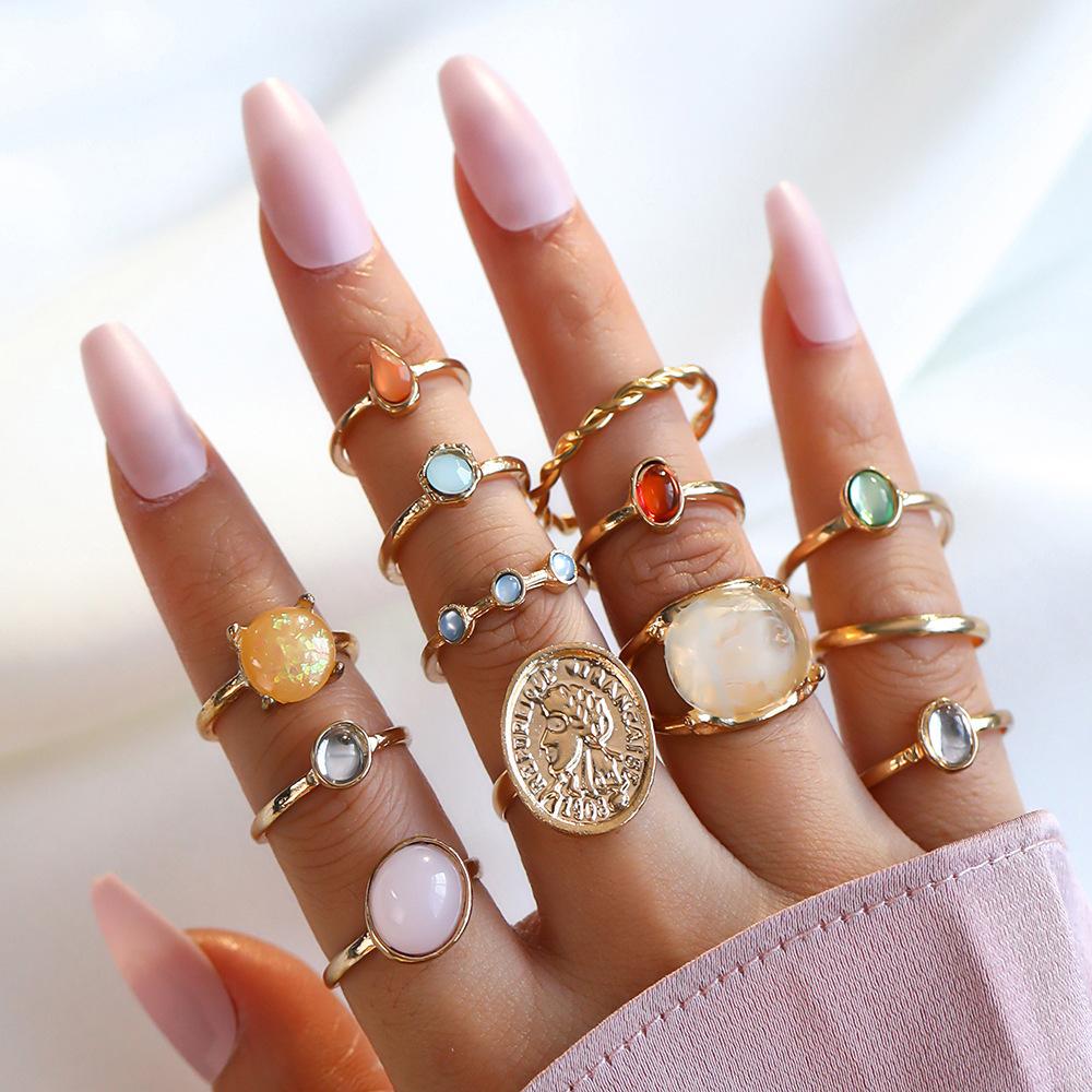 Vintage Beauty Avatar Gold Coin Cross Pattern Love Fatima Palm Ring 15-piece Ring Set