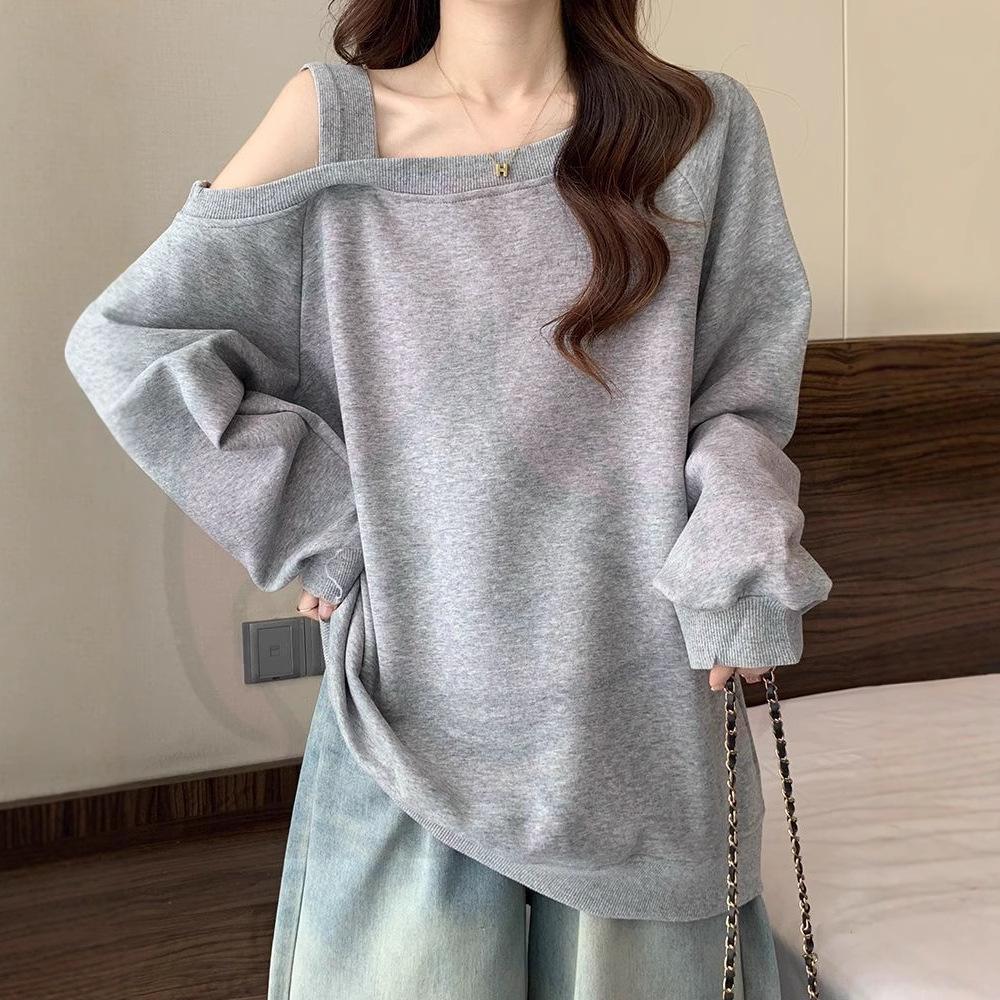 Hot Girl Style Off Shoulder Design Long Sleeve Hoodie Women Korean Top
