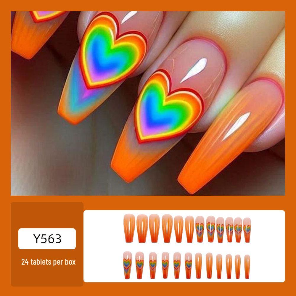 Almond Shape French Gradient Orange Nails with Rainbow Heart: Eye-Catching, Skin-Brightening, Hot Selling Manicure