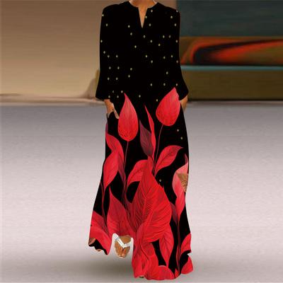 Women's Fashion Autumn Winter Floral Print Long Sleeve V-Neck Loose Casual Dresses