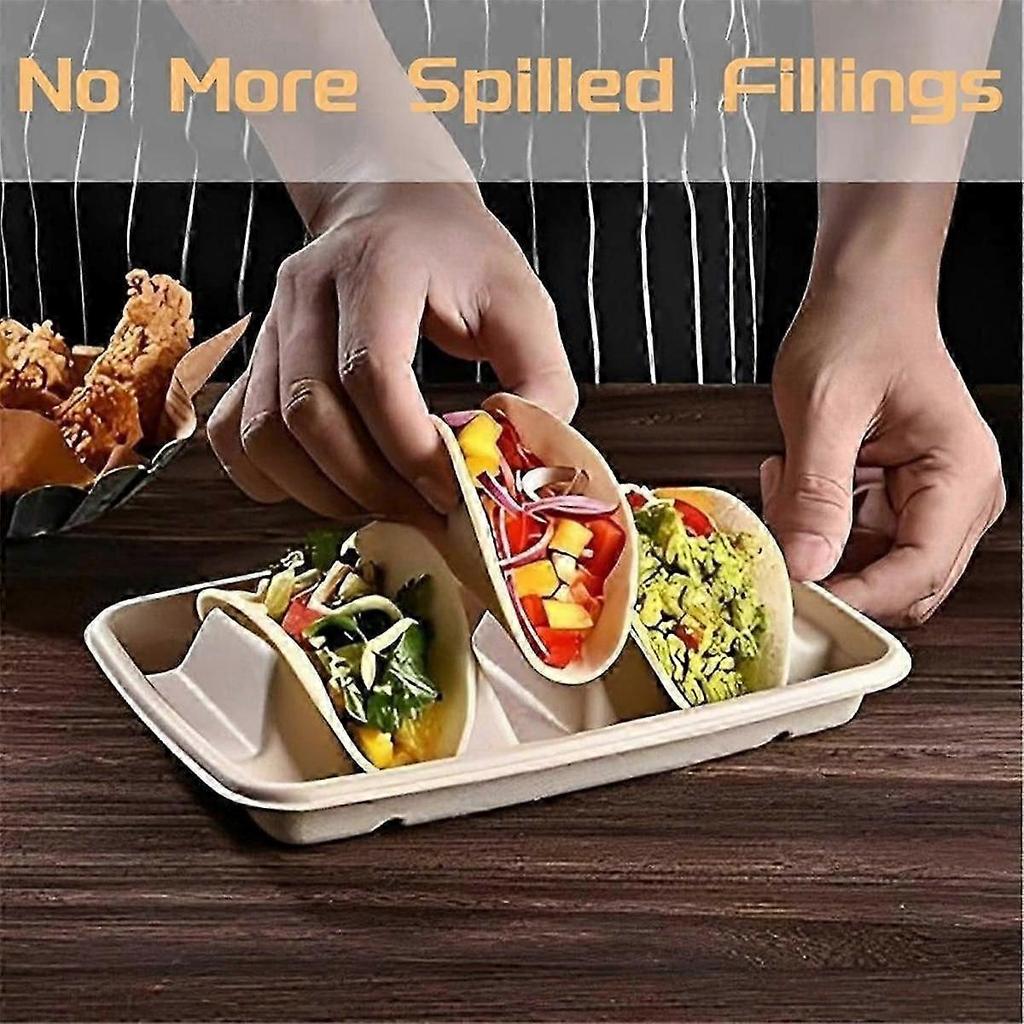 Biodegradable Compostable Taco Trays 50-Pack, 3-Compartment Disposable Tableware for Party Supplies, Made from Sugarcane Fiber