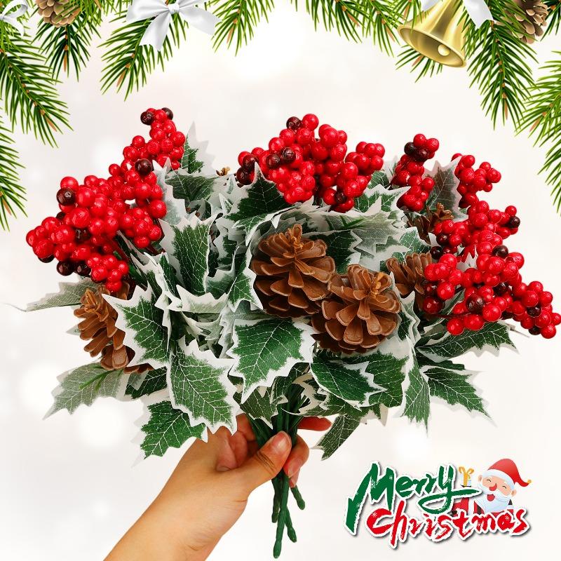 10/1Pcs Artificial Red Berry Pine Needle Stem Artificial Pine Cone Fake Flower Branch Diy Home Christmas Party Wedding Decor